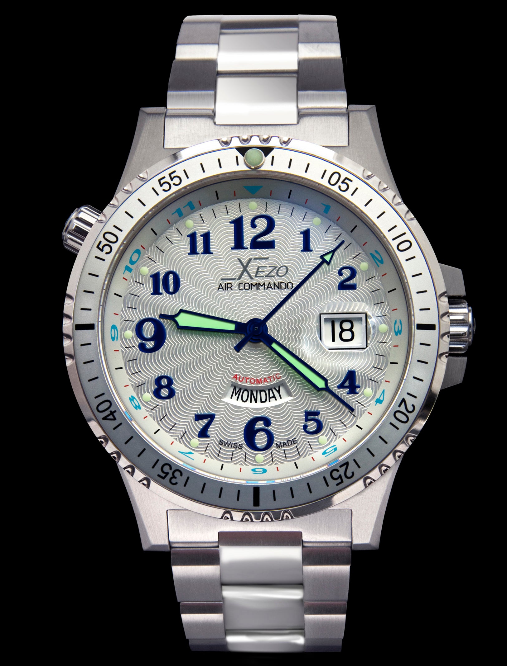 Xezo - Front view of the Air Commando D44 S (Silver Guilloché dial) watch