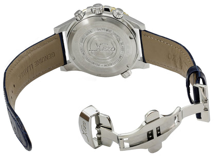 Xezo - Back overview of the Air Commando D45-BUL watch with leather strap and stainless steel clasp