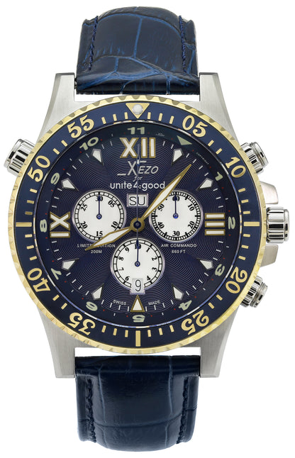 Xezo - Front view of the Air Commando D45-BUL watch with dark blue leather strap