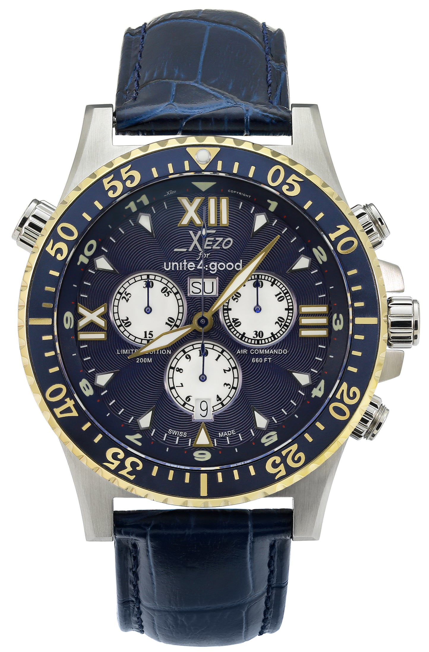 Xezo - Front view of the Air Commando D45-BUL watch with dark blue leather strap