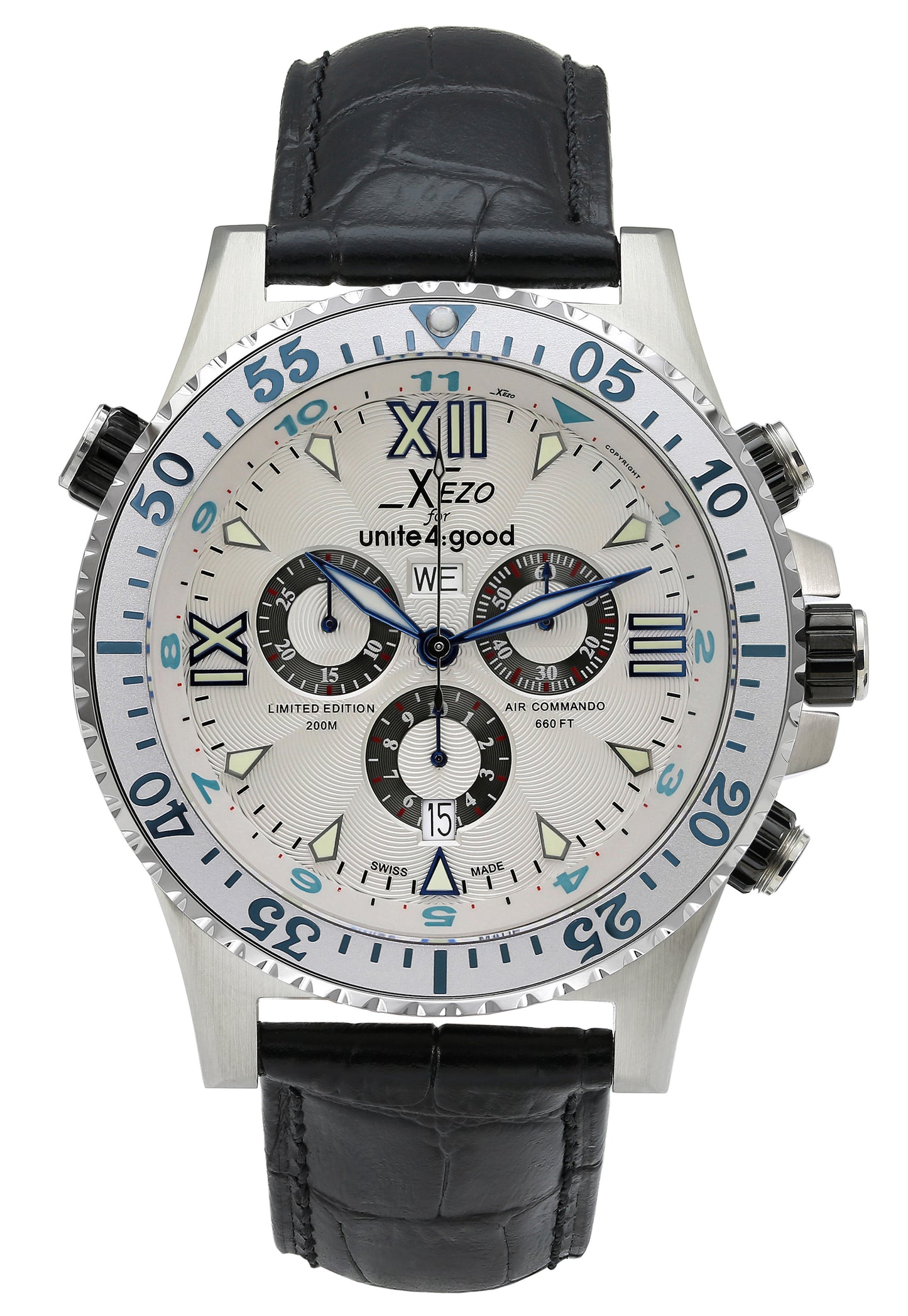 Xezo - Front view of the Air Commando D45-SL watch with black leather strap