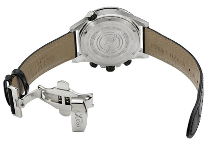 Xezo - Overview of the back of the Air Commando D45-SL watch with leather strap and stainless steel clasp