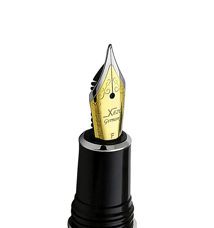 Xezo - Angled view of the front of a Fine Fountain Nib with gold-plated body, stainless steel tines and black grip - Compatible with Architect fountain pens. The body of the nib has motif patterns.