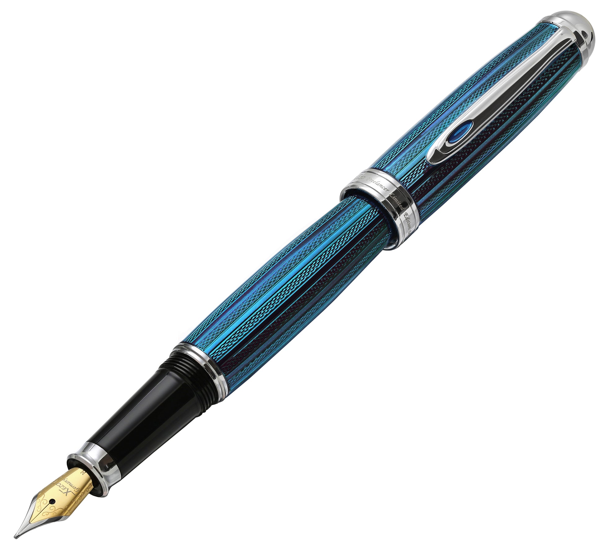 Xezo - Front angled view of the Freelancer Venetian Blue F fountain pen, with the cap posted on the end of the barrel