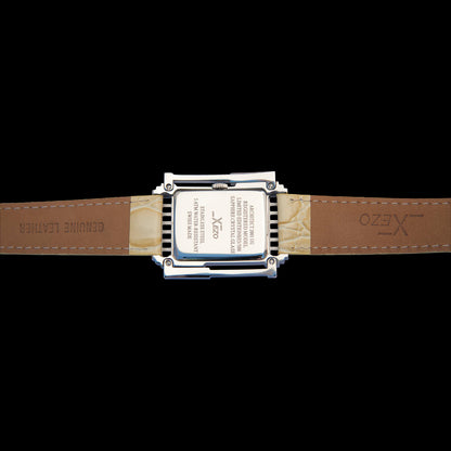 Xezo - Overview of the back of the Architect 2001 UG Tank watch with leather strap
