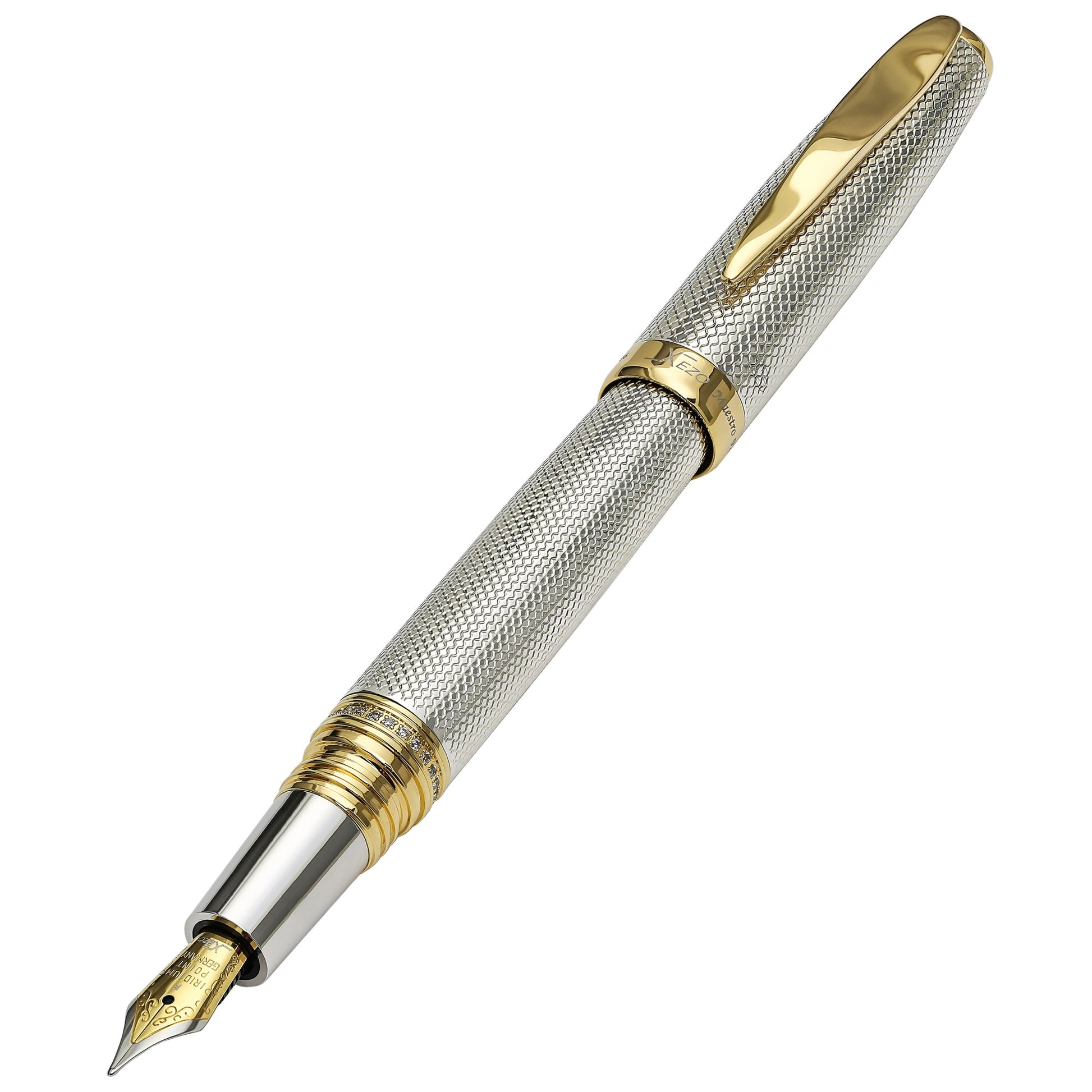 Xezo - Angled view of the front of the Maestro 925 Sterling Silver F-1 fountain pen