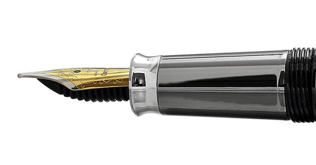 Xezo - Side view of the Medium Fountain Nib with gold-plated body, stainless steel tines, and tungsten-platinum-plated grip section. Compatible with Maestro Black Mother of Pearl Tungsten fountain pen series. The body of the nib has motif patterns.