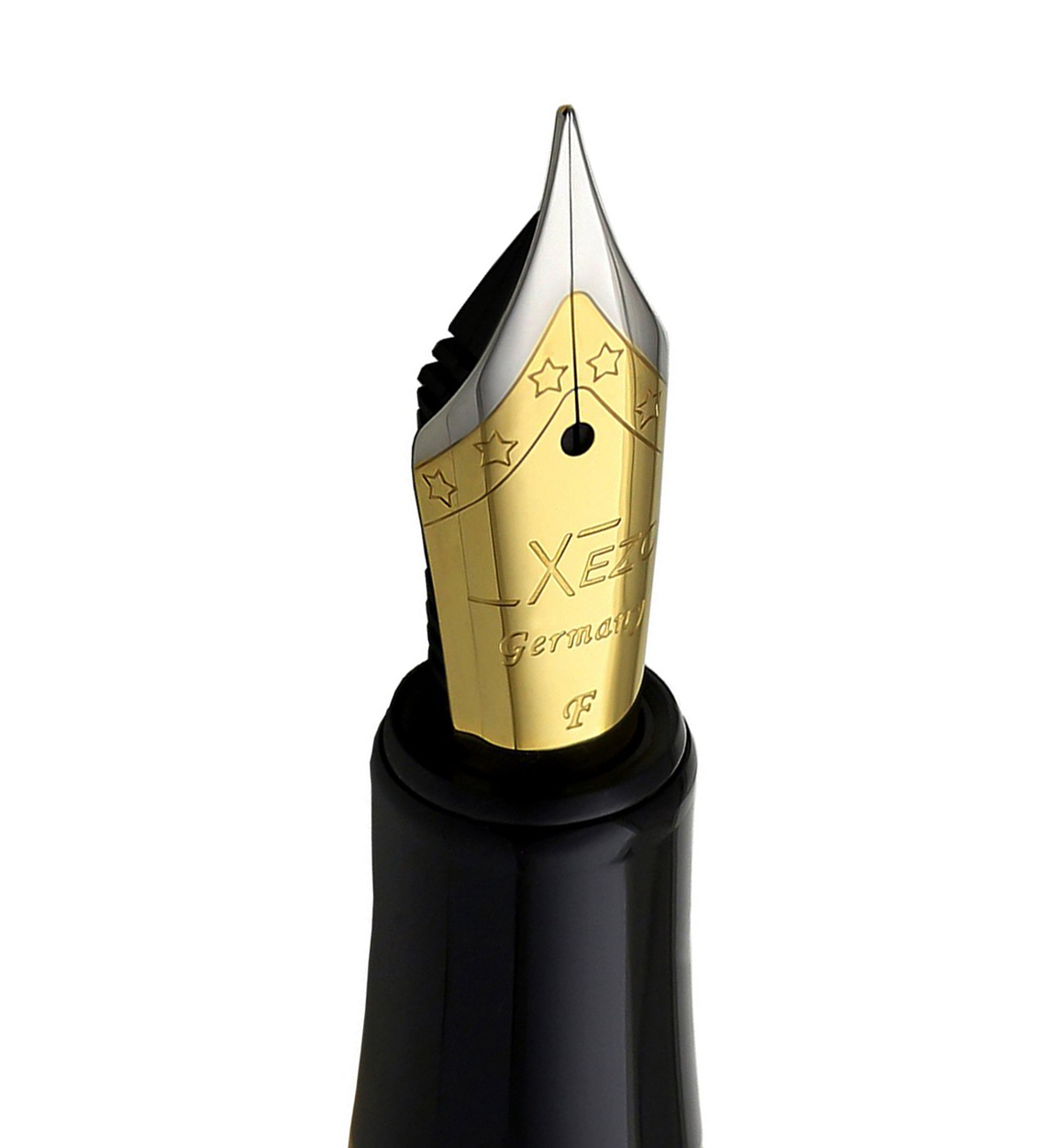Xezo – Angled view of the front of a Fine Fountain Nib – with gold-plated body, stainless steel tines, and black grip – Compatible with Maestro Fountain Pens . The body of the nib has star patterns.