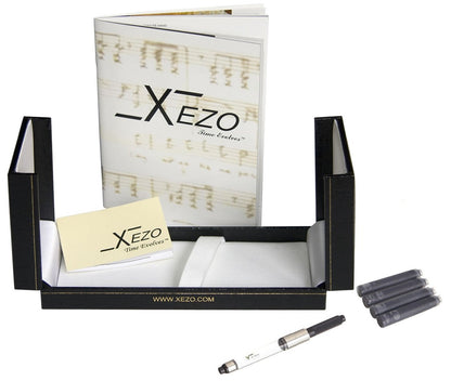 Xezo - Black gift box, certificate, manual, chrome ink converter, and four ink cartridges of the Architect Azure Blue FM fountain pen