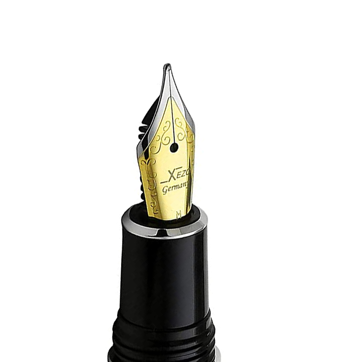 Xezo – Angled view of the front of a Medium Nib with gold-plated body, stainless steel tines, and black grip. Compatible with Architect fountain pens. The body of the nib has motif patterns.