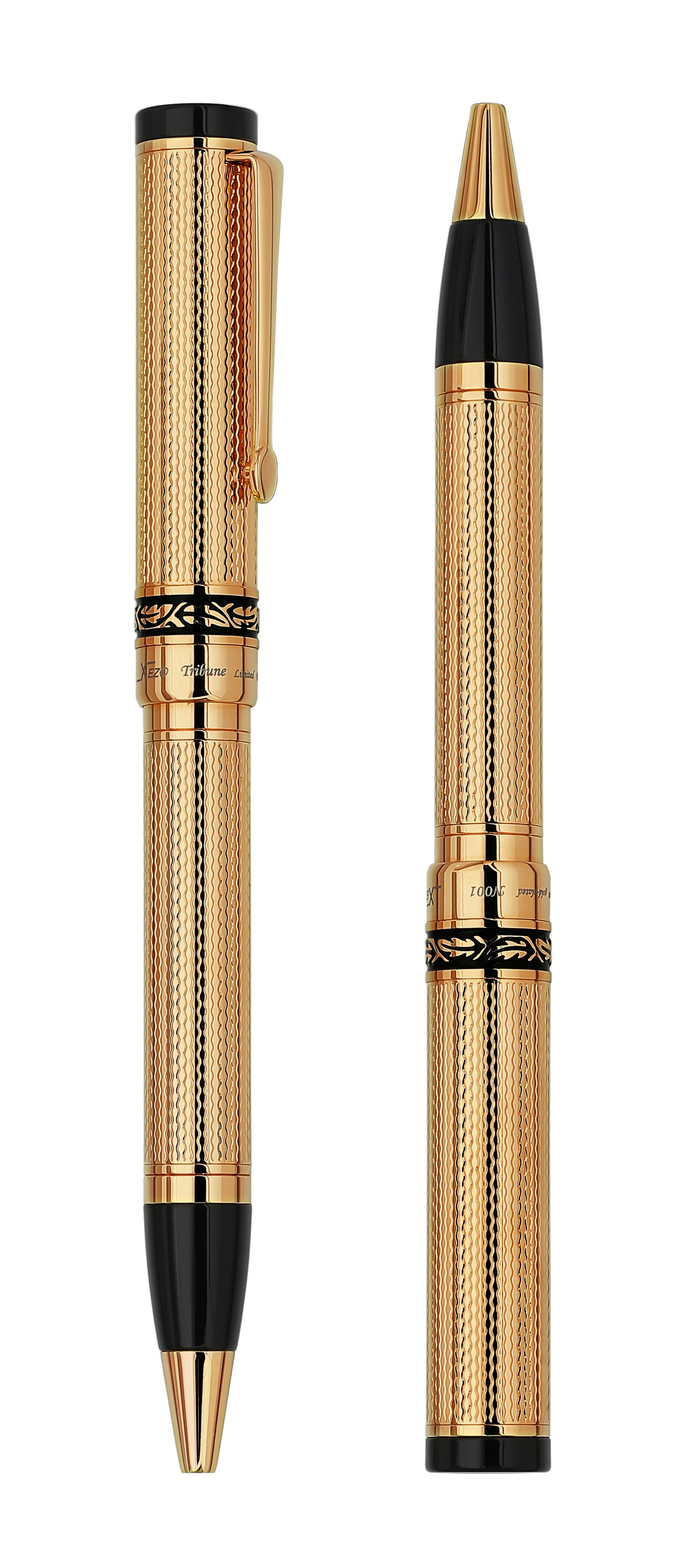 Xezo - Comparison between 3/4 view and front view of the Tribune 18K Gold B ballpoint pens