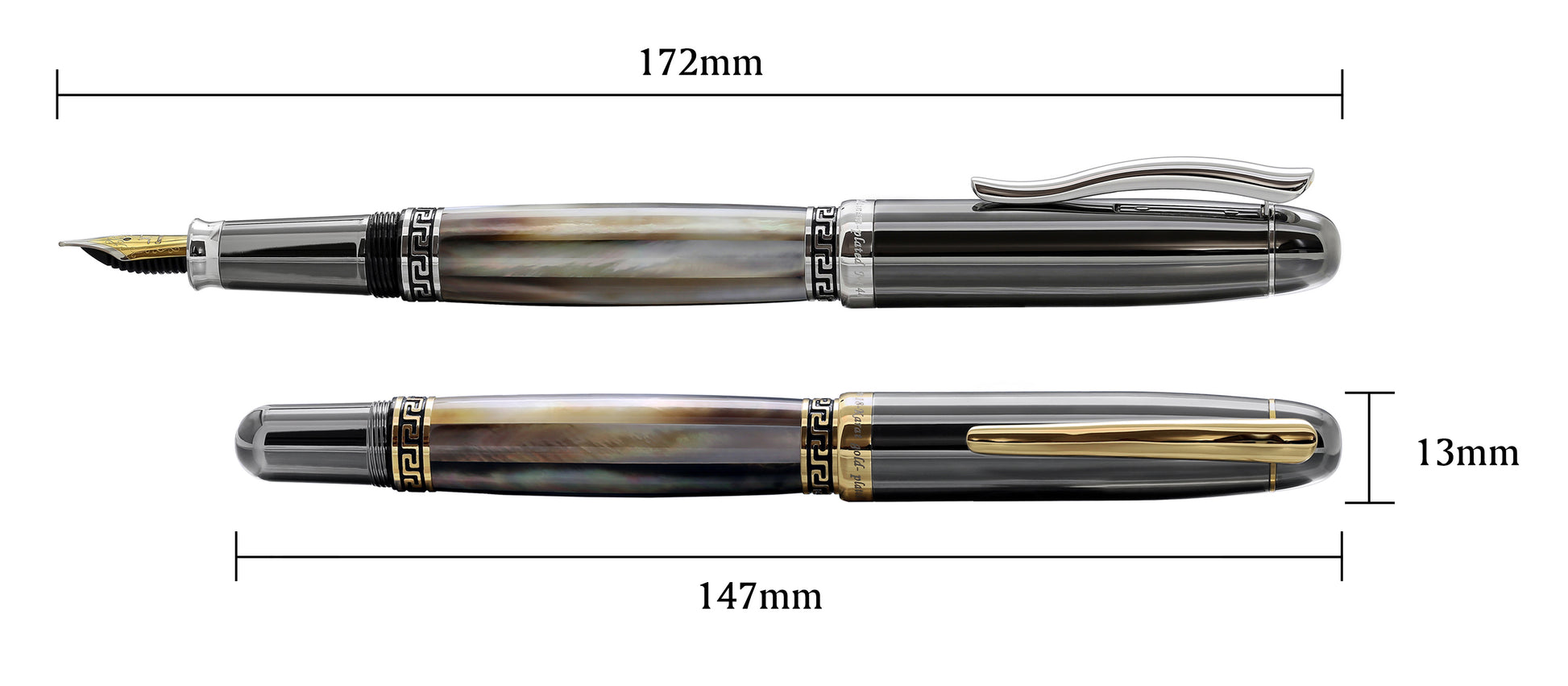 Xezo - Comparison between capped and uncapped Maestro Black MOP Tungsten fountain pens. The uncapped Maestro Black MOP Tungsten measures 172mm in length and the capped Maestro Black MOP Tungsten measures 147mm in length and 13mm in width.