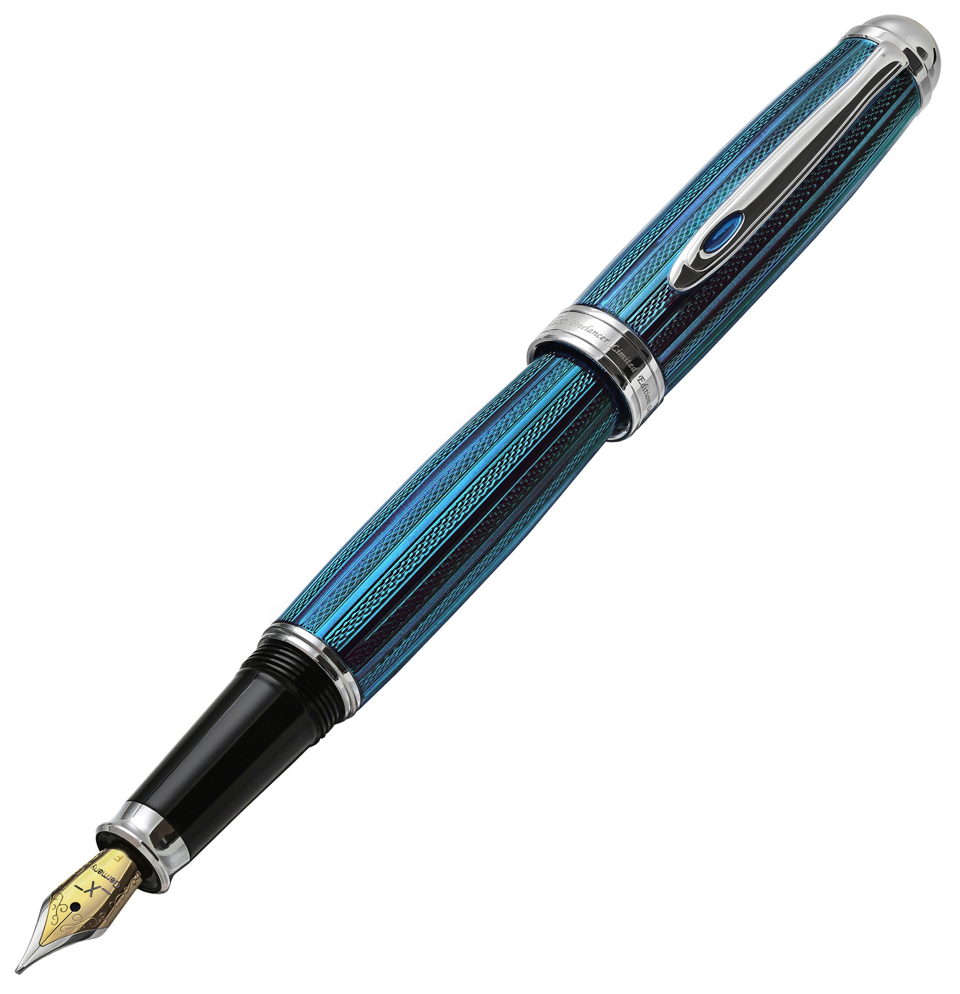 Xezo - Angled 3D view of a Freelancer Venetian Blue F-2 fountain pen