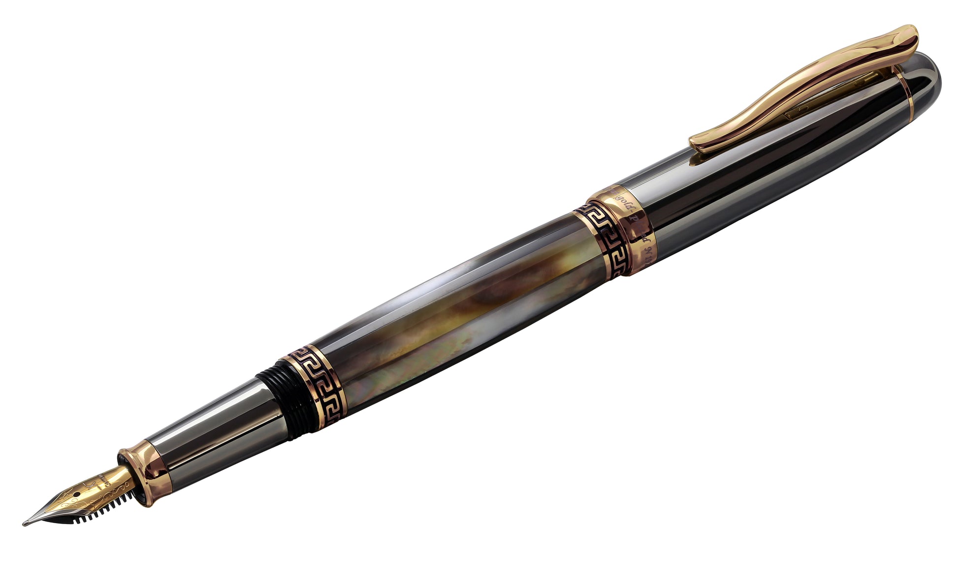 Xezo - Angled view of the side of the Maestro Black MOP Tungsten F-2 fountain pen