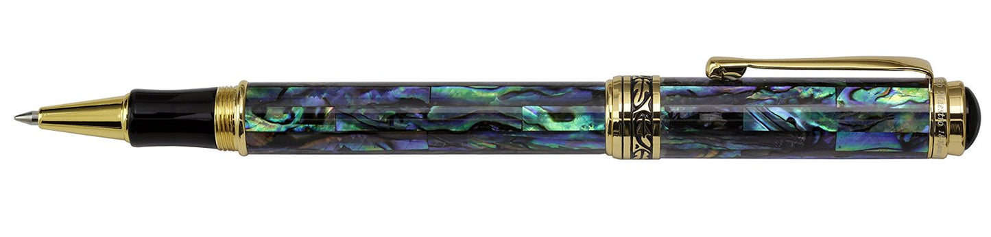 Xezo - Side view of a Maestro Sea Shell rollerball pen with Gold-Plated Rollerball Tip and black Grip Section