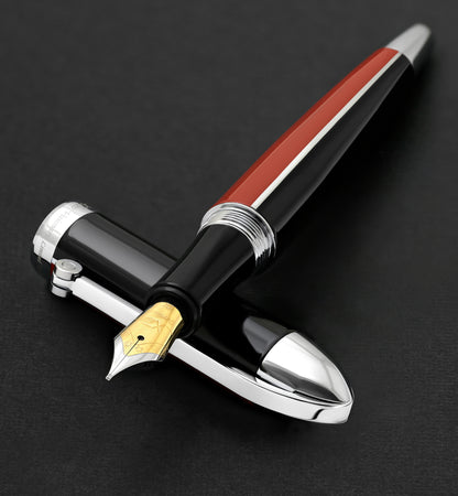 Xezo - Visionary Red/Black FM fountain pen resting on its cap