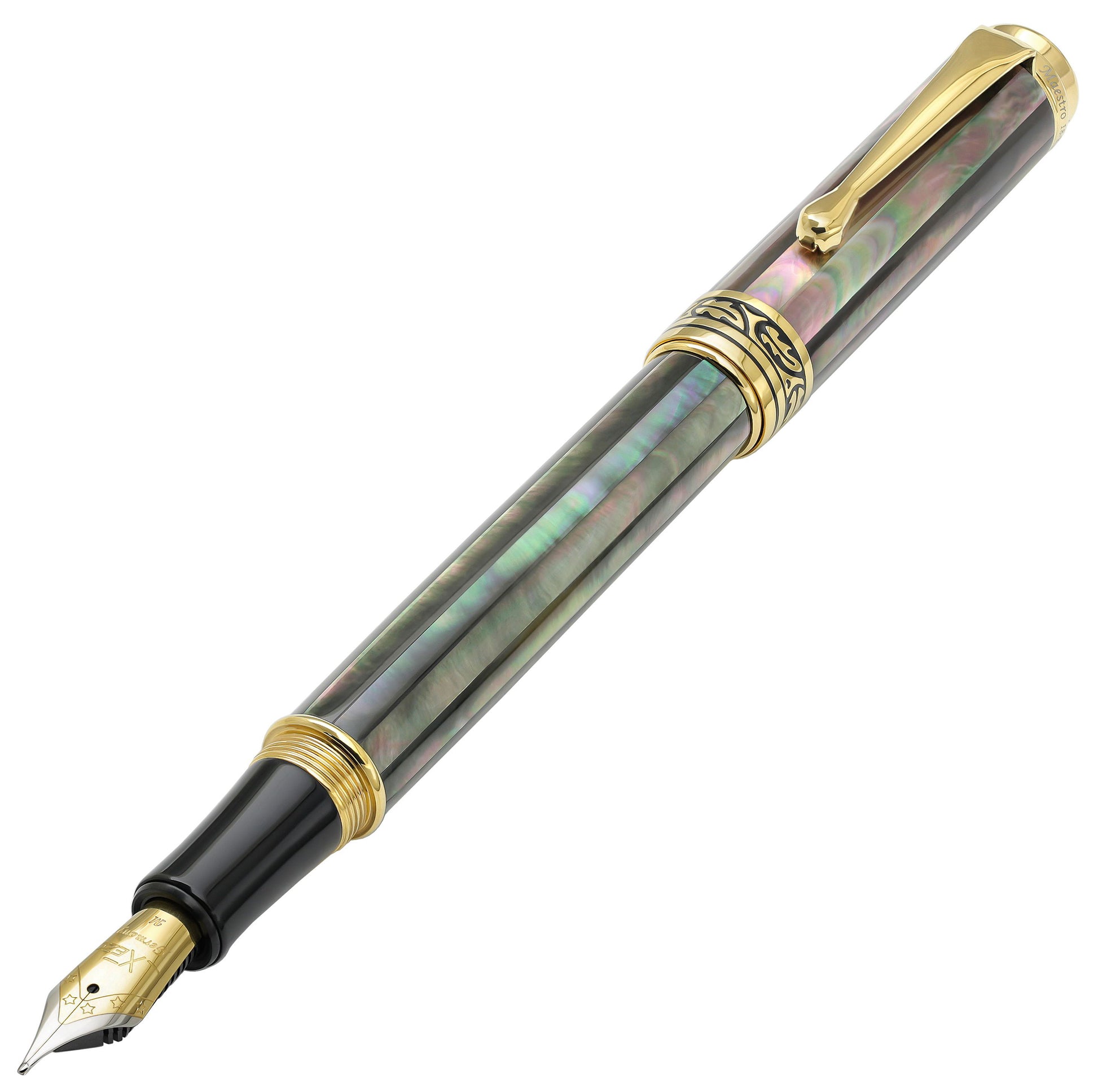 Xezo - Angled 3D view of the front of the Maestro Tahitian Black MOP FM fountain pen