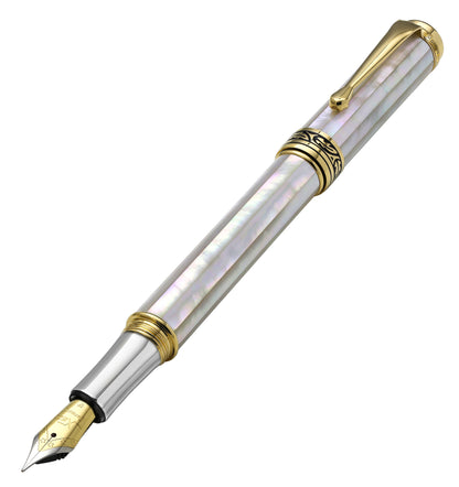 Xezo - Angled 3D front view of the Maestro White MOP F fountain pen